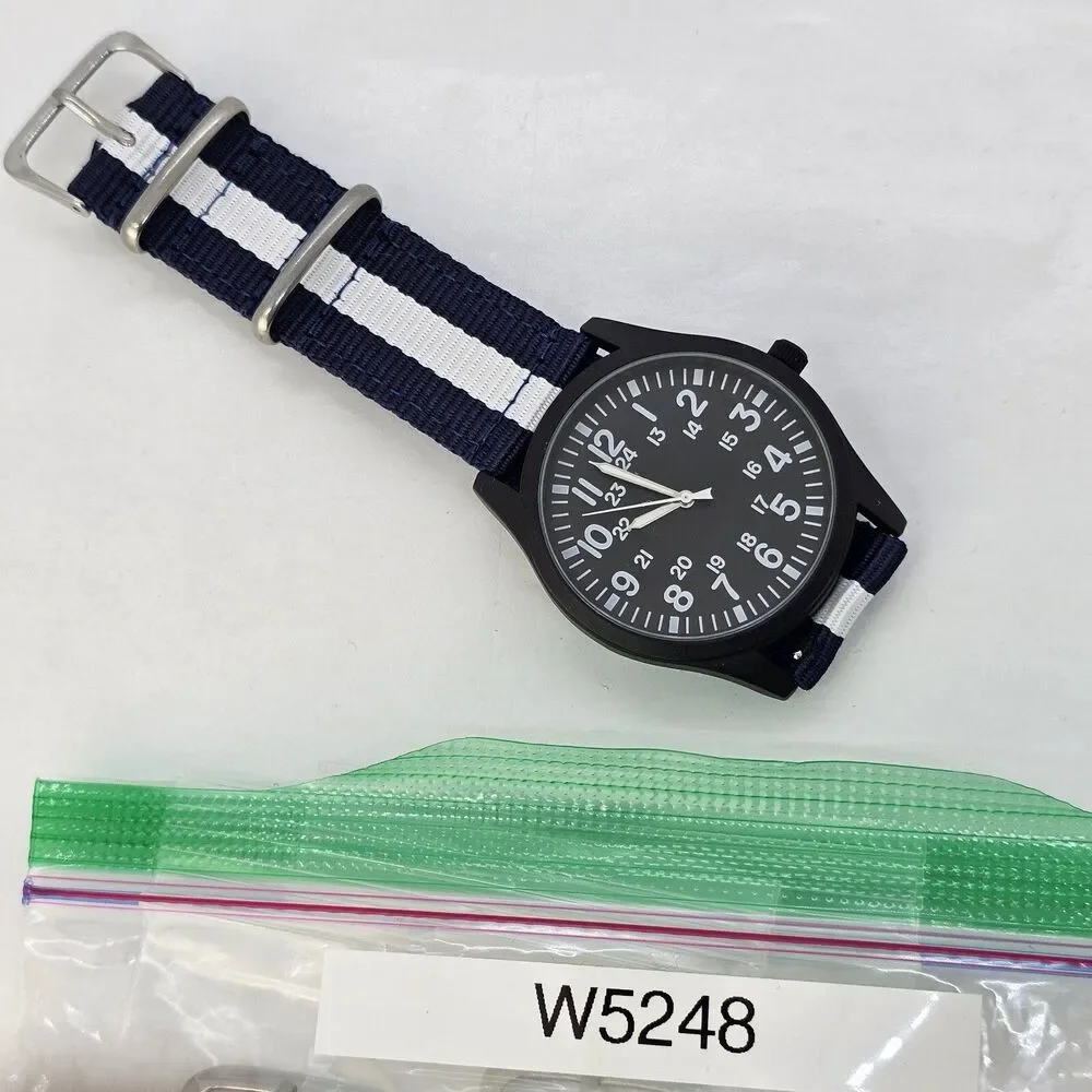 Men's Field Watch 42MM Black Case Black‎ Dial Blue White Canvas Band Straps